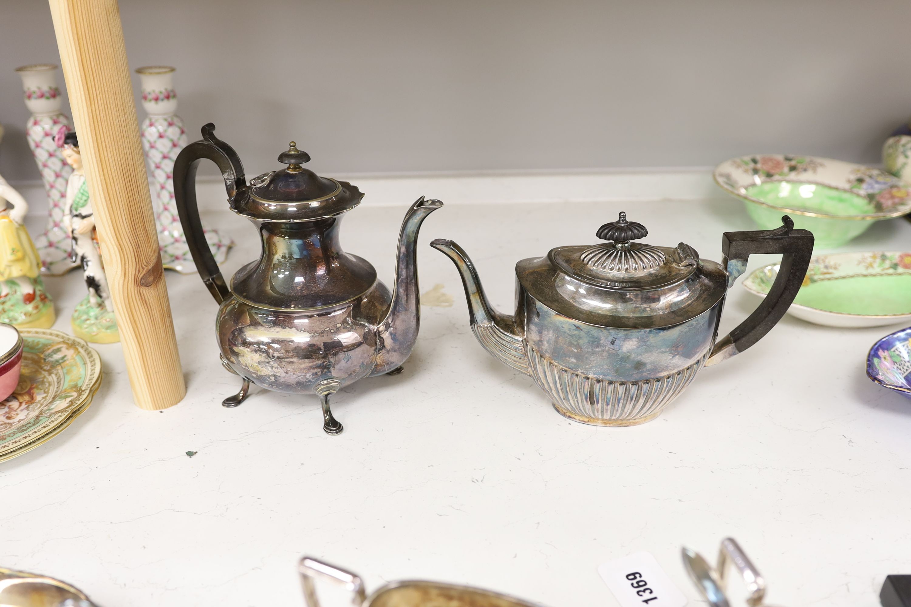 A silver plated 3 piece tea set and other plated wares